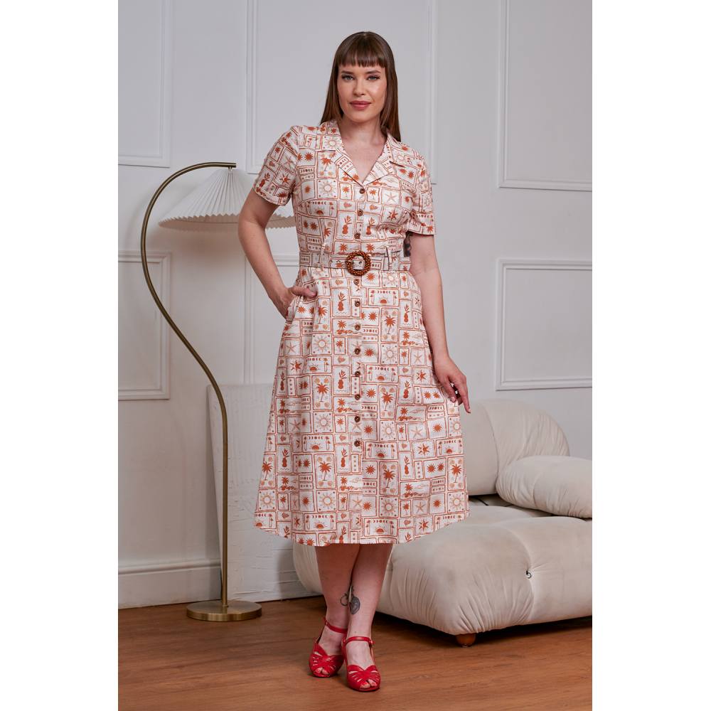 Banned - Kate Tonal Tropic Flare jurk - Bruin